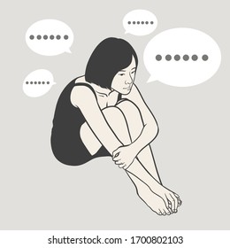 Depression Woman Sitting On The Floor Surrounded By Message Bubbles . Cyber Bullying. Unhappy Female Character Receiving Pop Up Messages. Problems In Social Networks. Vector Illustration.