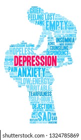 Depression word cloud on a white background. 