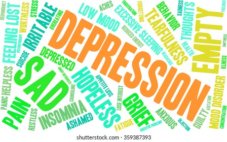 Depression word cloud on a white background. 