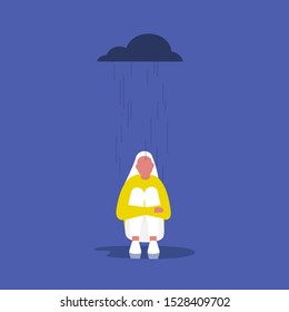 Depression: Young female character sitting in the rain