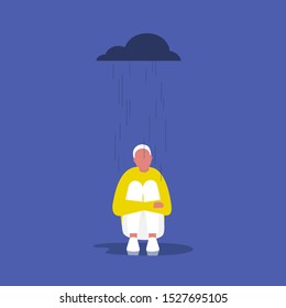 Depression: Young male character sitting in the rain