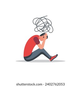 Depresión en un joven. El ser humano está bajo estrés. Sentido de ansiedad. Persona infeliz. El empresario se preocupaba por mirar hacia abajo. Presión mental. Diseño plano de ilustración vectorial. Aislado sobre fondo blanco