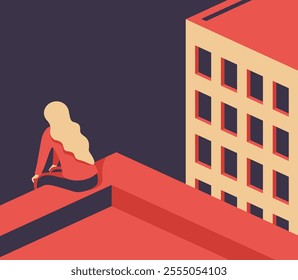 Depression - young teenager girl sitting on the ledge. Suffer from mental disorder. Vector illustration in vintage colors