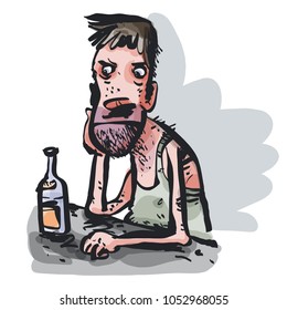 Depressive alcoholic. Comic Character. Vector illustration