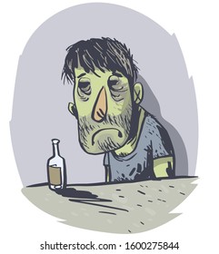 Depressive alcoholic. Comic Character. Vector illustration