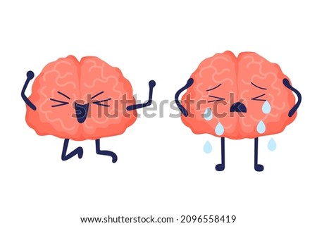 Depressive brain character. Joy, happiness and depression. Mental disorders. Mood swings. Vector cartoon illustration isolated on white background.