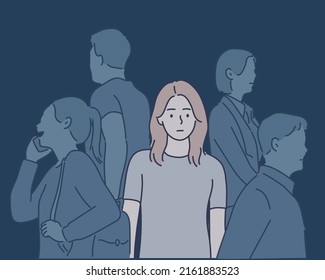 Depressive crowd. Sad teen girl behind parties people, social depression, mental burnout and anxiety face. Hand drawn style vector design illustrations.