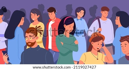 Depressive crowd. Sad teen girl behind parties people, social depression, mental burnout and anxiety face, solitude concept stress emotion, cartoon vector illustration. Girl depressed and sad