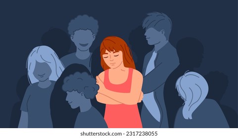 Depressive crowd. Social loneliness, sadness, and exhaustion. Depressed girl int crowd of indifferent people vector illustration. Young unhappy girl feeling alone, having stress or despair