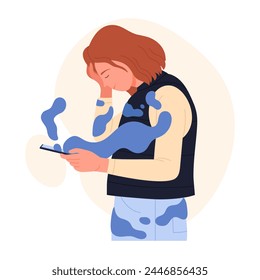 Depressive doomscrolling addiction. Online internet doomsurfing, reading bad news flat vector illustration