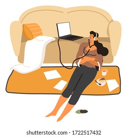 Depressive woman listening to music from laptop. Female character staying at home with mess in house, lady with closed eyes relaxing after working day. Girl wearing headphones, vector in flat