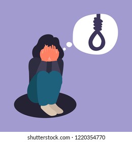 Depressive woman wants to commit suicide by hanging in the rope. Sad teen female think about death. Depression woman sit on the floor. Depressed girl crying covering her face with her hands