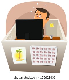 Depressive Worker At Work/ Illustration of a cartoon office employee man, depressive and close to the nervous breakdown