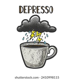 Depresso espresso coffee cup depression bad mood metaphor sketch hand drawn color engraving vector illustration. T-shirt apparel print design. Scratch board imitation. Black and white hand drawn image