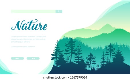 Depths of a forest silhouette on green background. Landscape with evergreen trees: cedar, spruce, pine. Save planet Earth concept. Vector design for ecology, botanic, tourist projects. Copy space.