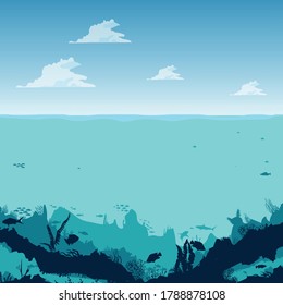 the depths of the ocean with clouds, on the seabed, under water. Fish, marine animals, seabed. Flat style. Vector