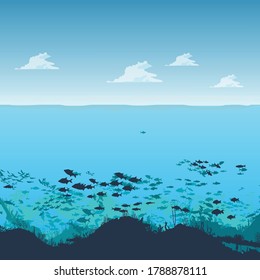 the depths of the ocean with clouds, on the seabed, under water. Fish, marine animals, seabed. Flat style. Vector