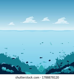 the depths of the ocean with clouds, on the seabed, under water. Fish, marine animals, seabed. Flat style. Vector