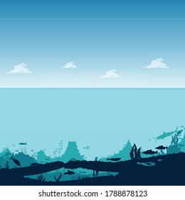 the depths of the ocean with clouds, on the seabed, under water. Fish, marine animals, seabed. Flat style. Vector