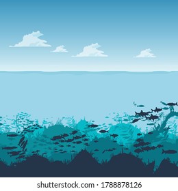 the depths of the ocean with clouds, on the seabed, under water. Fish, marine animals, seabed. Flat style. Vector