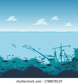 las profundidades del océano con nubes, en el fondo del mar, bajo el agua. Pescado, animales marinos, fondos marinos. Estilo plano. Vector