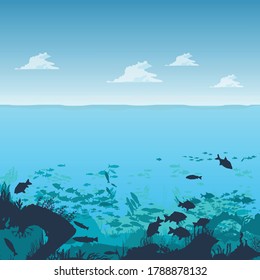 the depths of the ocean with clouds, on the seabed, under water. Fish, marine animals, seabed. Flat style. Vector