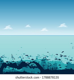 the depths of the ocean with clouds, on the seabed, under water. Fish, marine animals, seabed. Flat style. Vector