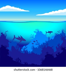 the depths of the ocean, on the seabed, underwater. Fish, marine animals, seabed. Flat style