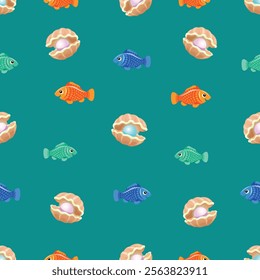 The depths of the seas and oceans are fraught with many unique inhabitants, sea, ocean, water, shell,  
seaweed, vector, seamless pattern, colored, art, illustration, background, isolated