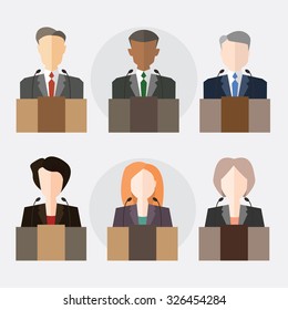 Deputies at the microphone. The President, Congressman, member of the Board. Vector illustration