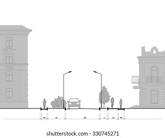 Derailed Architectural Blueprint Drawing Of Urban Street Section