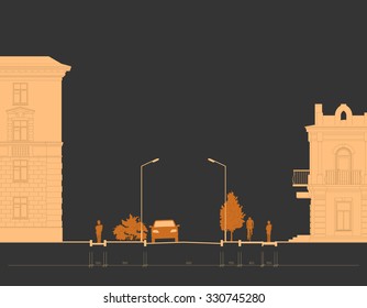 Derailed architectural blueprint drawing of urban street section