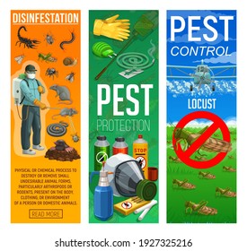 Deratization and disinfection, rodents and insects pests control banners. Pest control worker with insecticide or poison sprayer, airplane spraying pesticide on locust, insects repellents vector