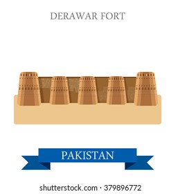 Derawar Fort in Bahawalpur Punjab Pakistan. Flat cartoon style historic sight showplace attraction web site vector illustration. World countries cities vacation travel sightseeing Asia collection. svg