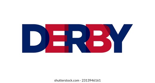 Derby city in the United Kingdom. The design features a geometric style vector illustration with bold typography in a modern font on white background.