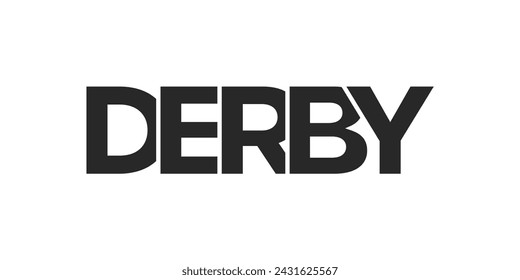 Derby city in the United Kingdom design features a geometric style vector illustration with bold typography in a modern font on white background.