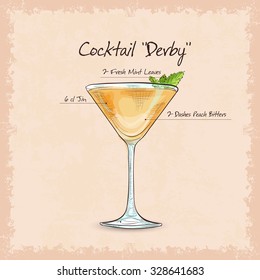 Derby is a cocktail that contains gin, peach bitter and mint leaves