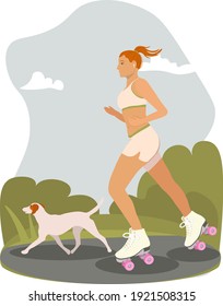 Derby on rollers. Girl on roller skates in motion. Flat style illustration of roller skates. Cute illustration of a running girl on roller skates with a dog. Cartoon character on the background of nat