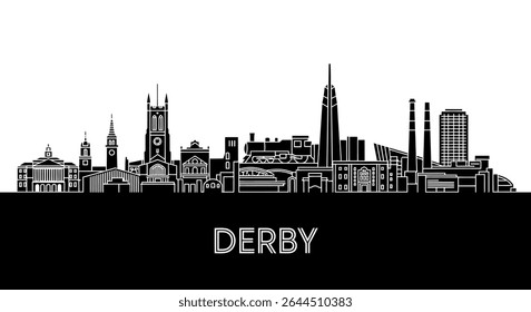 Derby Skyline Silhouette with UK Cityscape Black White.