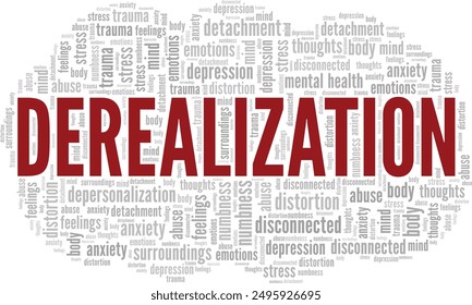 Derealization word cloud conceptual design isolated on white background.