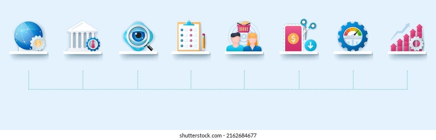 Deregulation Banner With Icons. Economics, Government, Transparency, Simple Rules, Consumers, Price Reduction, Productivity, Efficiency Icons. Business Concept. Web Vector Infographics In 3d Style