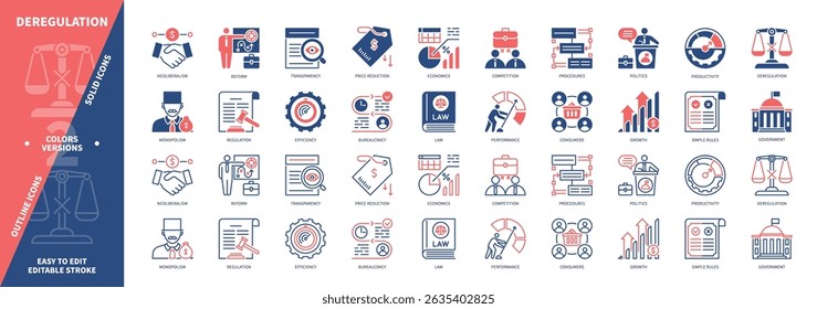 Deregulation icon set. Performance, Competition, Transparency, Simple Rules, Consumers, Price Reduction, Productivity, Efficiency. Duotone color solid and editable outline icons