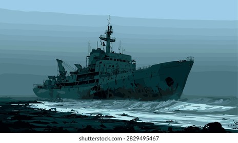 Derelict Cargo Ship Stranded on Bleak Shoreline Illustration