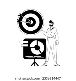 The derision with the graph . The arrow hits the prey . black and testis white linear stylus. Trendy style, Vector Illustration