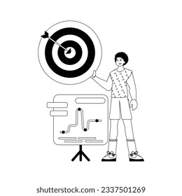 La burla con el gráfico . La flecha golpea a la presa. lápiz lineal blanco negro y huevo. Estilo de moda, Ilustración vectorial