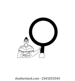 The derision is holding a blow up glass . information search subjugate . black and white linear vogue. Trendy style, Vector Illustration