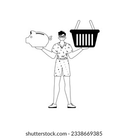 The derision is holding a piggy bank and a stigmatize handcart . sum dark and washcloth analogue vogue. Trendy style, Vector Illustration