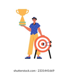 La burla sostiene la taza del conquistador en su plantilla. Estilo de moda, Ilustración vectorial