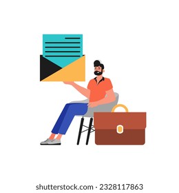 La ridiculización se sienta en una cátedra y sostiene un sobre. Estilo de moda, Ilustración vectorial