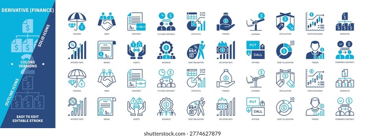 Derivative icon set. Hedging, Statistics, SEO, Options, Inflation Rate, Speculation, Futures Contract, Trader. Duotone color solid and editable outline icons